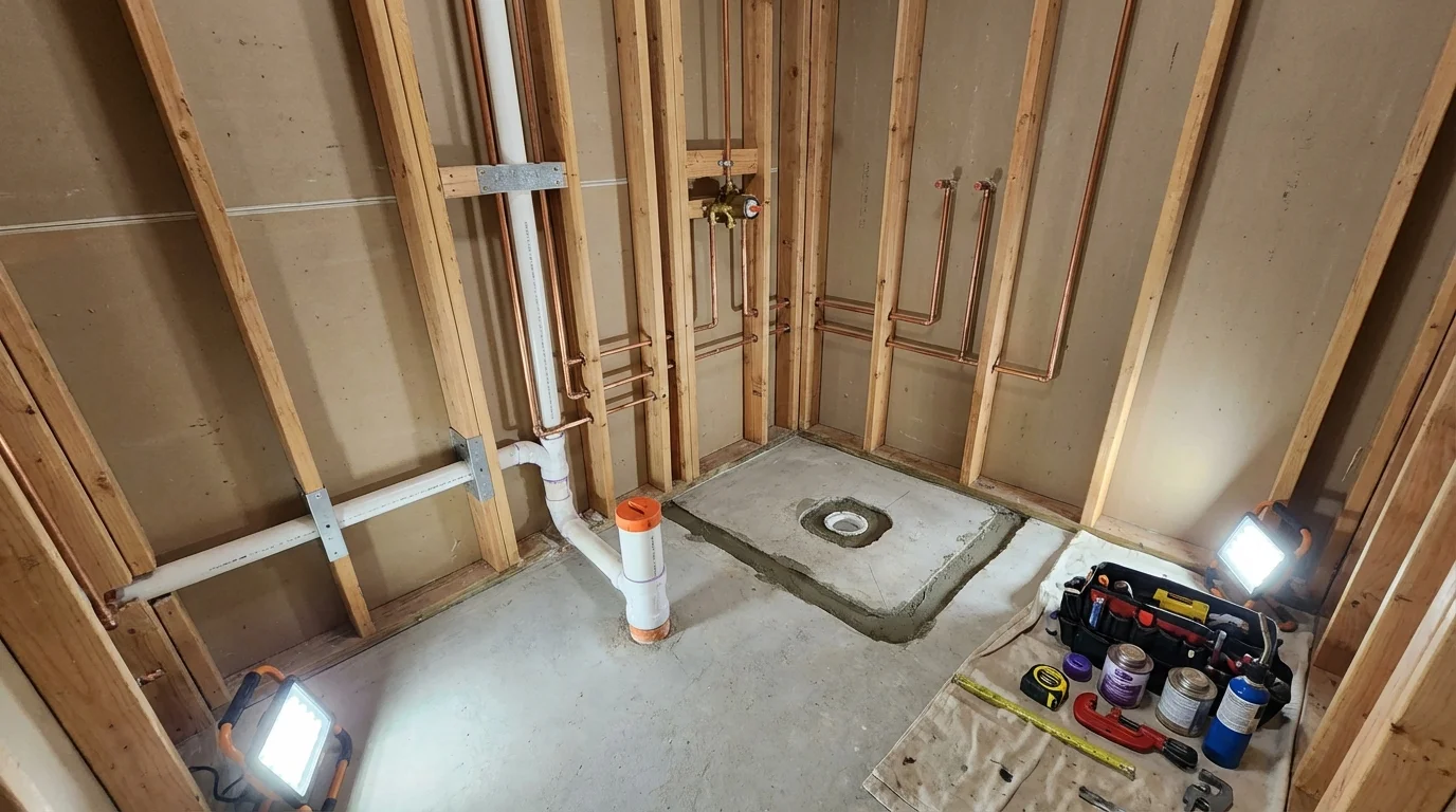 Bathroom rough-in plumbing during remodel by Johns Plumbing LLC in Abbotsford