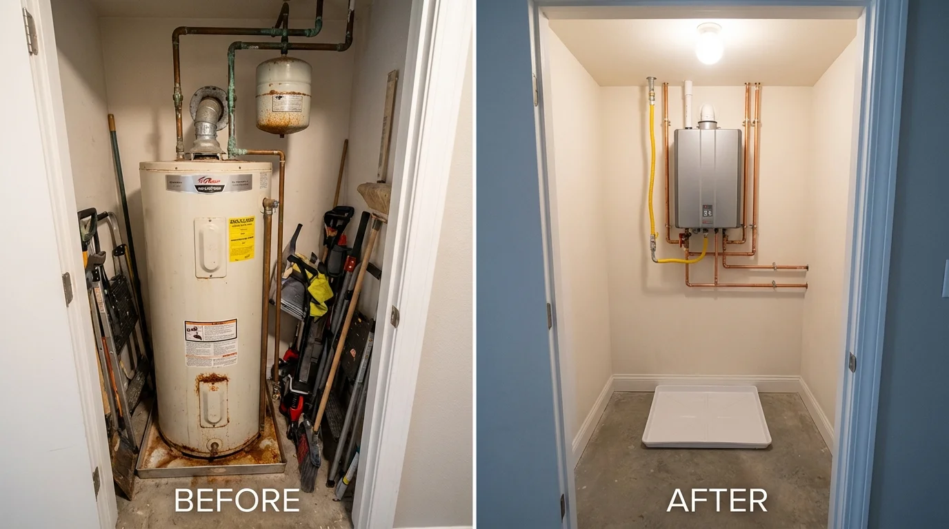 Tank water heater versus wall-mounted tankless unit comparison for Abbotsford, WI homeowners