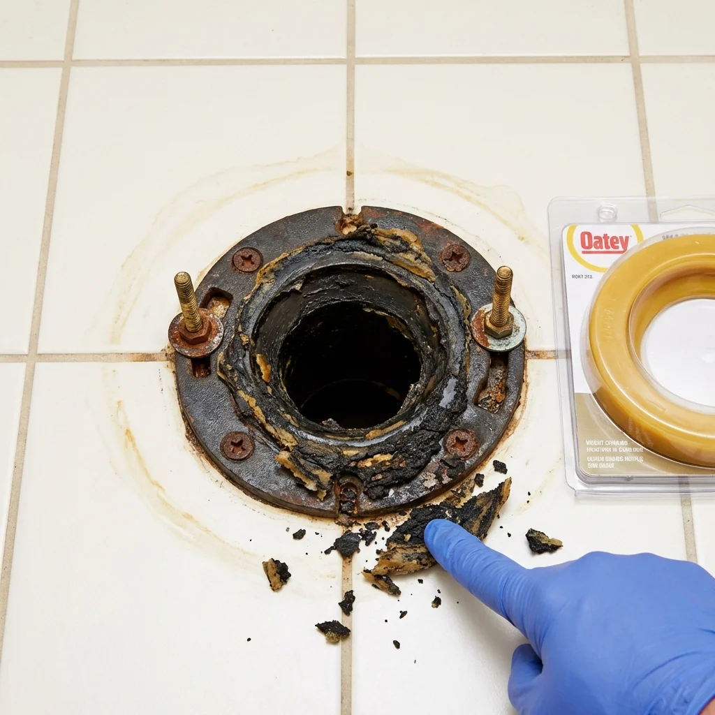 Failed wax ring showing water seepage at the base of a toilet in a Abbotsford, WI home